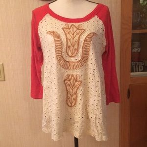 Free People Red White Raglan Med lace Detail